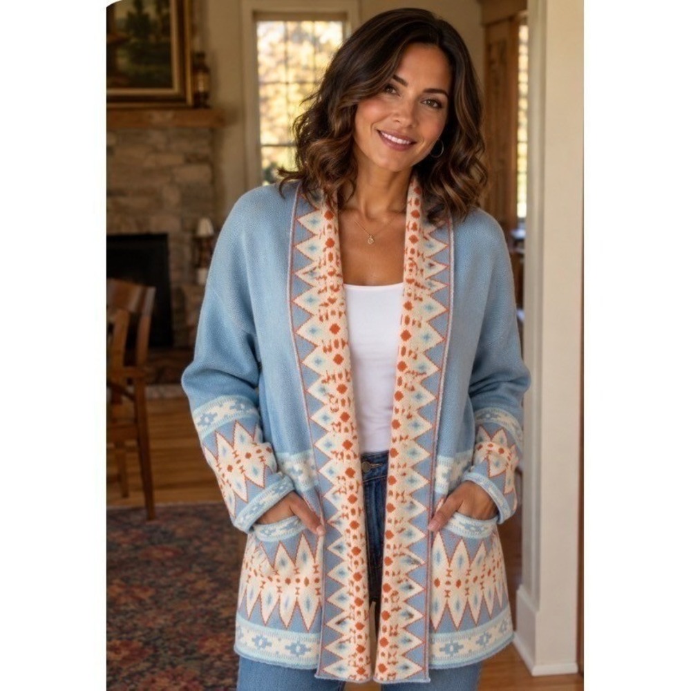 NWT ebossy Southwestern Aztec Blue & Orange Geometric Knit Cardigan - Small